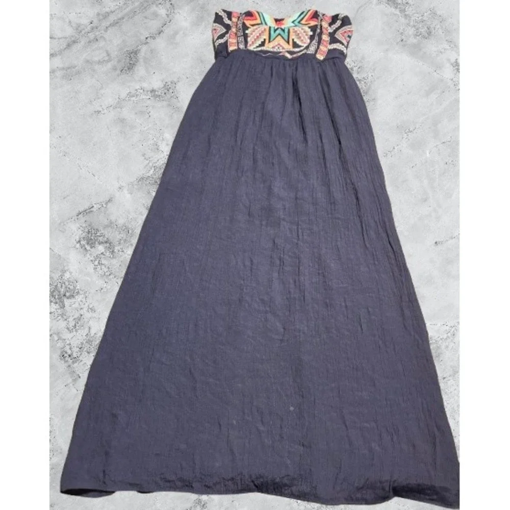Maurices Navy Blue Embroidered Strapless Maxi Dress Boho Geometric Slit Large - Picture 1 of 7